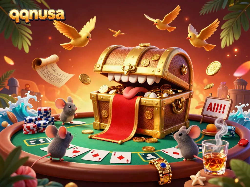Join the adventure at qqnusa's vibrant casino, where cartoon mice are drawn to a treasure chest of riches.