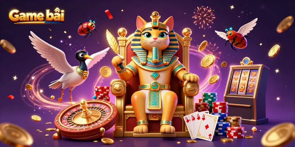 Experience Game bài with a 3D illustration of a pharaoh cat and gaming elements showcasing vibrant casino energy.