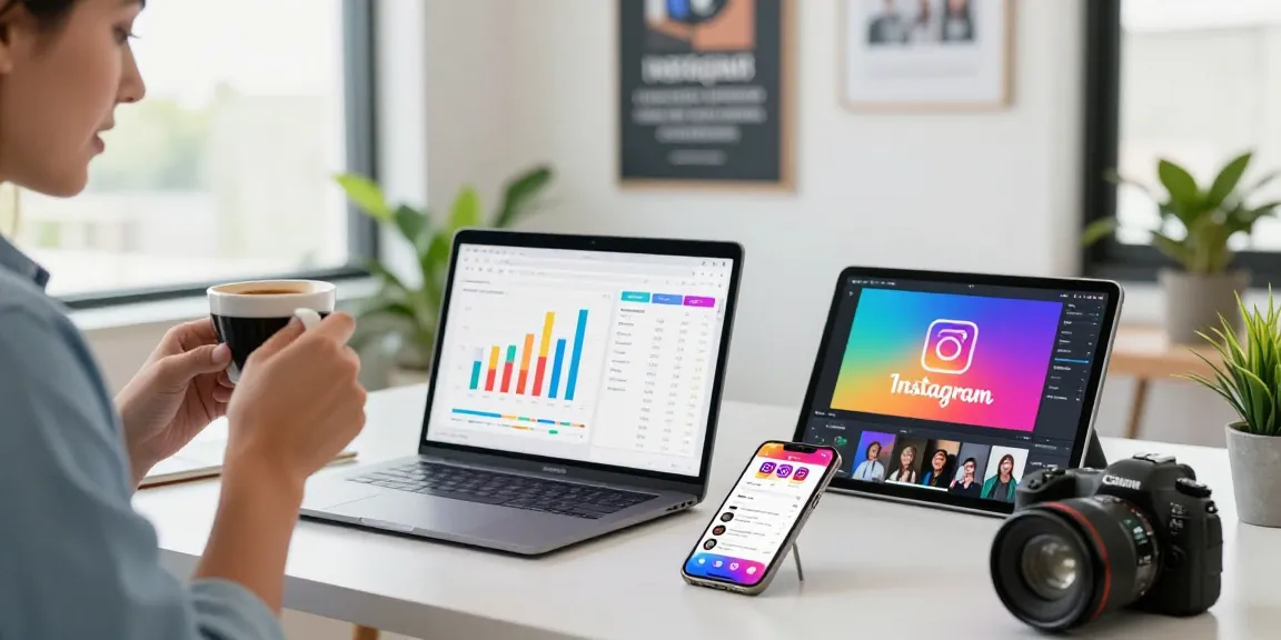 Engaging workspace for comprar likes instagram with influencer analyzing metrics and vibrant visuals