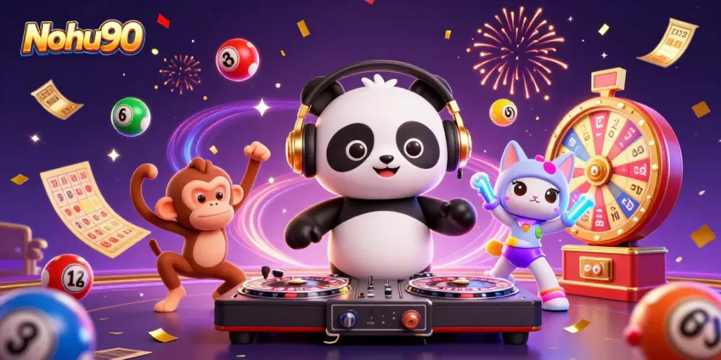 Nohu90 engages players with vibrant 3D characters and rich casino game elements in a lively scene.