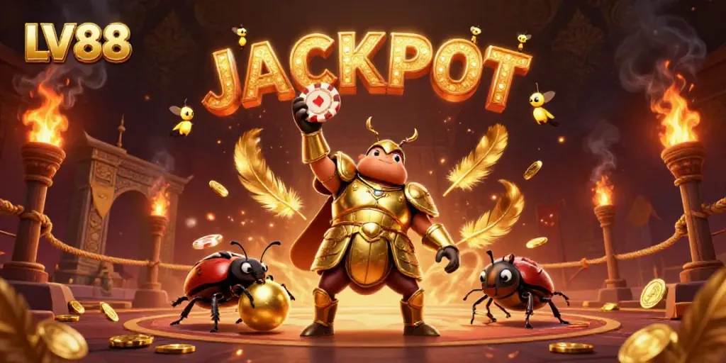 Join the excitement at LV88 with a victorious beetle champion, golden coins, and dynamic casino elements.