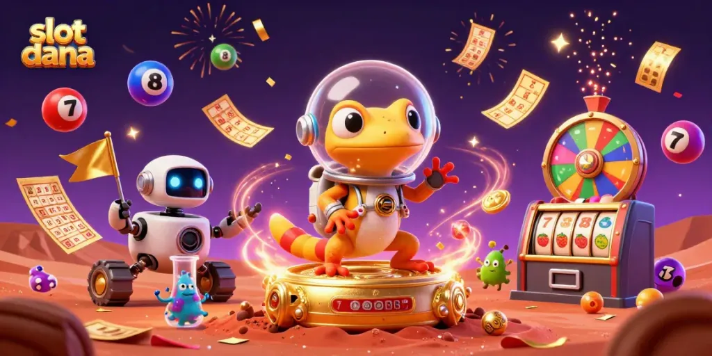 Permainan slot dana menarik dengan simbol buah dan 7 keberuntungan dalam ilustrasi kasino