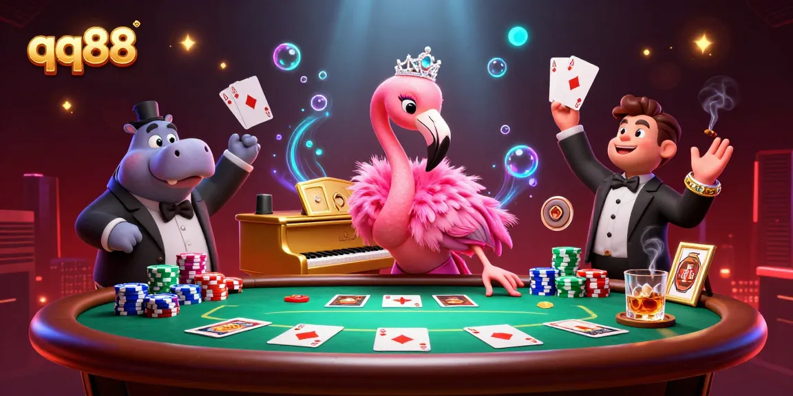 Engage with qq88's thrilling casino scene featuring vibrant animated characters and immersive gambling elements.