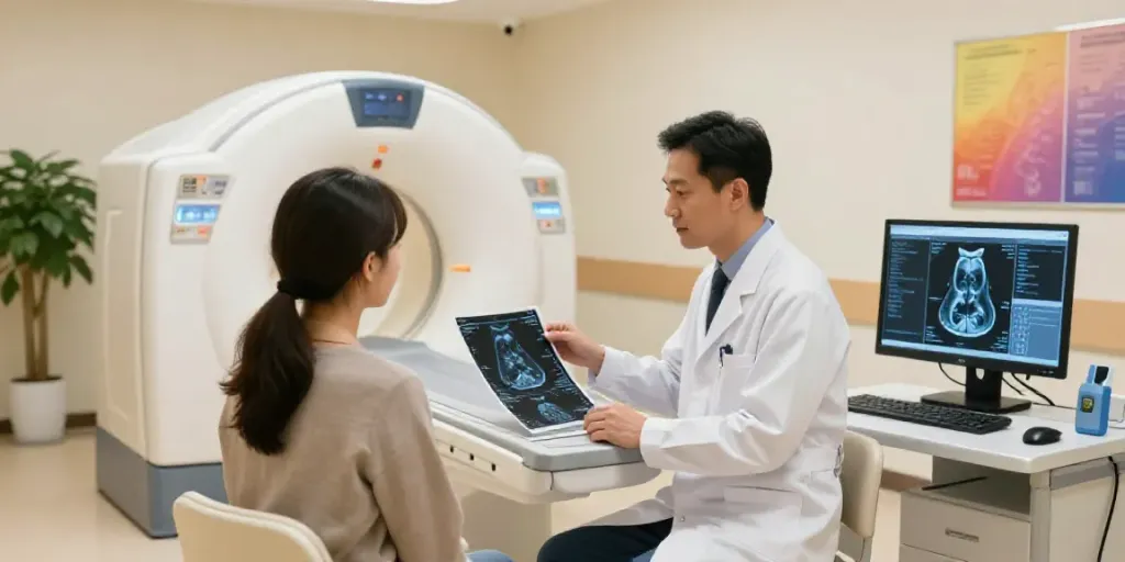 Moderne Radiologie Wolfsburg: Arzt im Gespräch mit Patient in hellem Untersuchungsraum, hochmoderne Medizintechnik im Hintergrund.