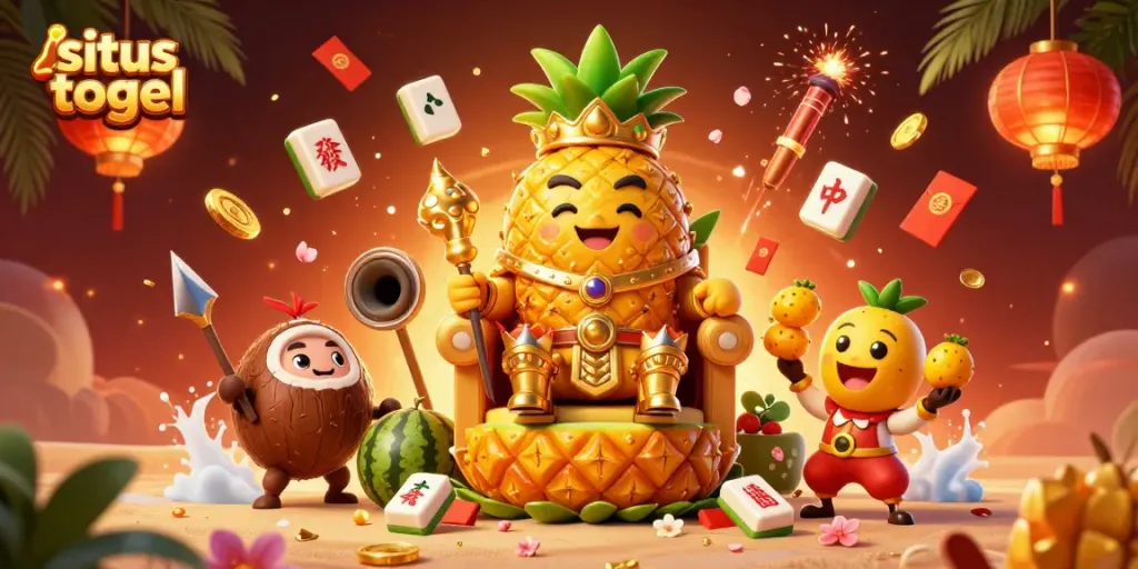 Experience the excitement of situs togel with a vibrant tropical casino scene featuring a golden pineapple king and festive elements.