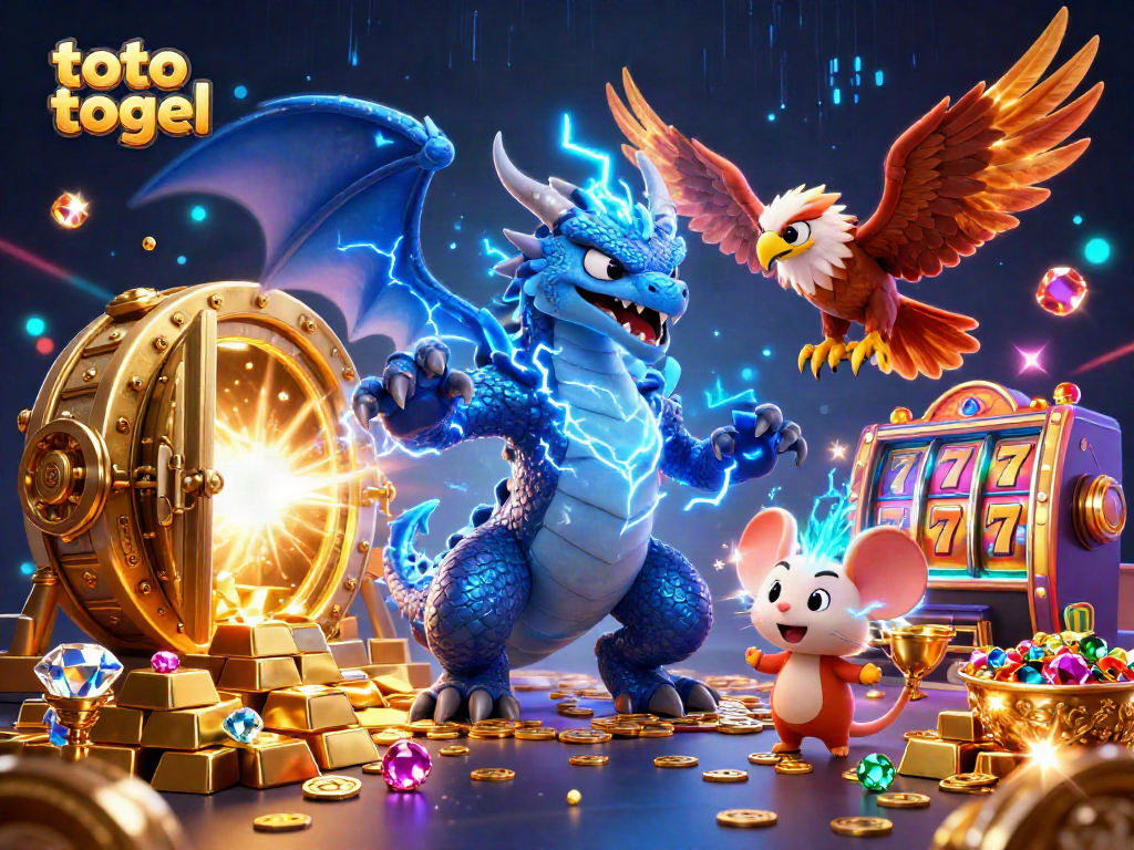 Experience thrilling toto togel action with exciting 3D characters surrounded by treasure and gaming elements.