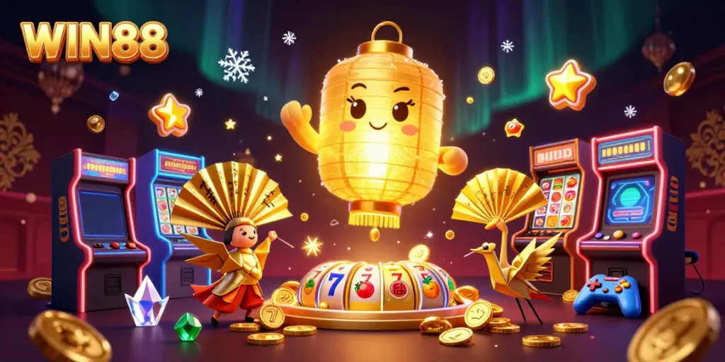 Experience WIN88's excitement with a vibrant 3D casino illustration featuring golden symbols and gaming elements.
