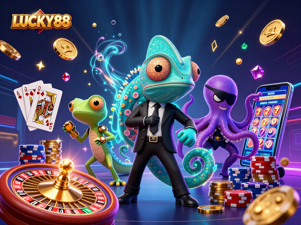 LUCKY88 showcases thrilling gameplay with vibrant characters and casino elements capturing the excitement of betting.
