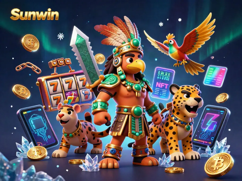 Engage in thrilling casino experience with Sunwin's Aztec warrior-themed illustration showcasing slot reels and crypto elements.