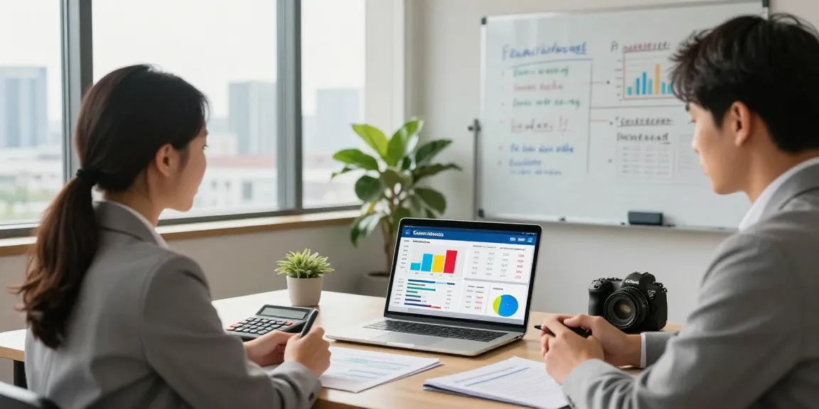 Client using a seller financing calculator during a financial consultation meeting with an advisor in a modern office