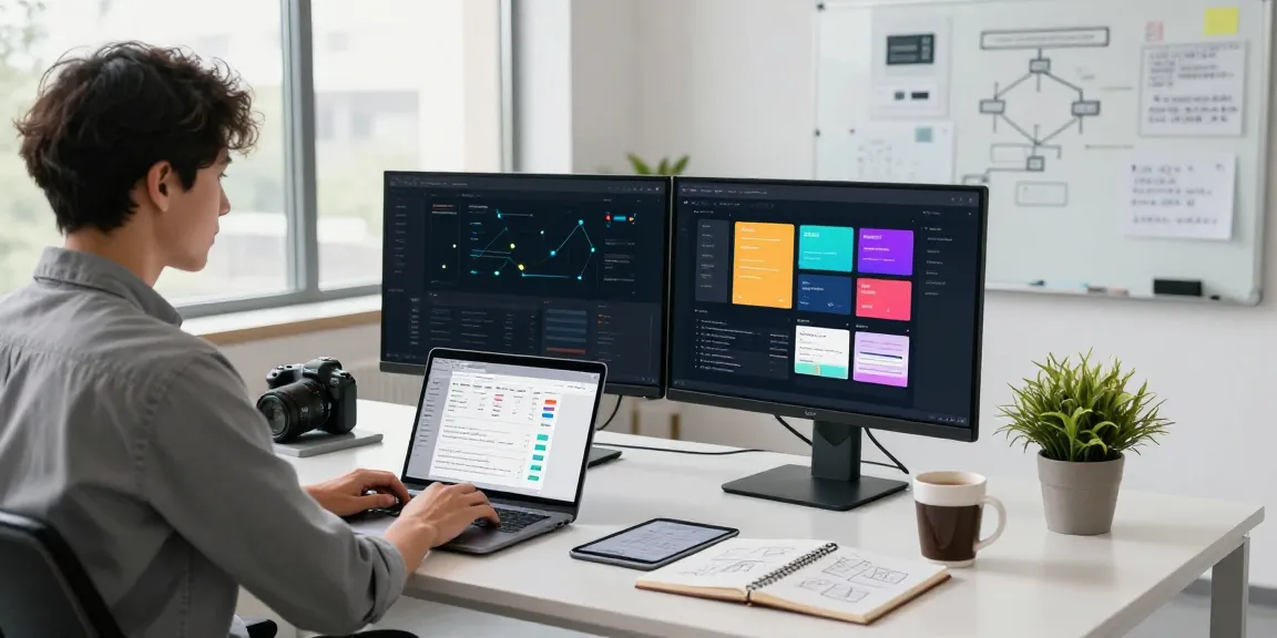 A modern office scene illustrating website development, featuring a developer coding at a desk with dual monitors, showcasing UI designs, project management tools, and collaborative workspace elements.