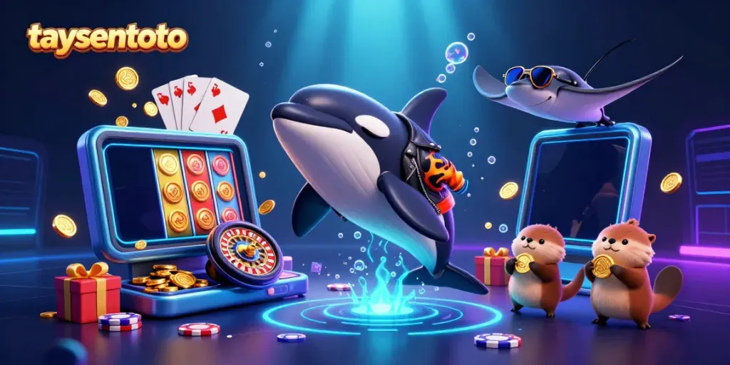 Taysentoto logo featured in dynamic underwater casino scene showcasing casino games and characters.
