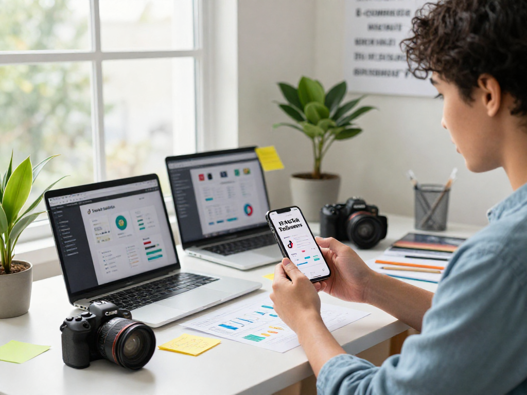 Boost your brand by learning how to buy TikTok followers in a modern workspace filled with tech and marketing tools.