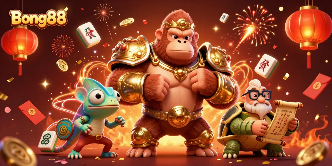 Engage in the vibrant action at Bong88 with a dynamic casino-themed 3D illustration showcasing colorful characters and festive elements.