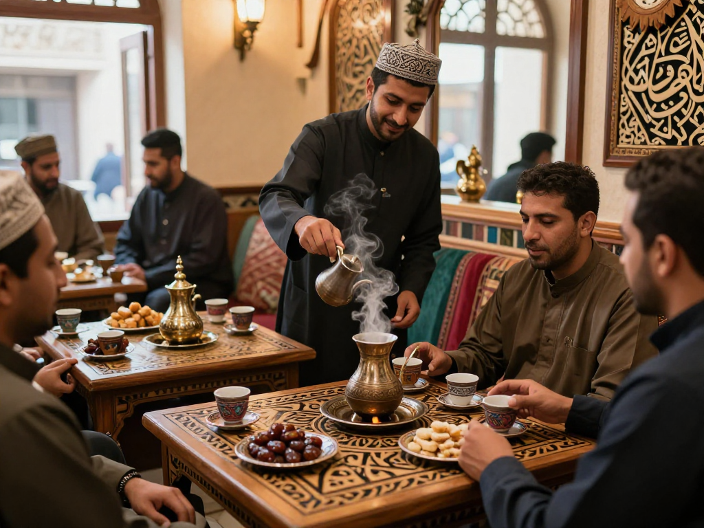 قهوجي وصبابين يقدمون القهوة في أجواء تقليدية دافئة