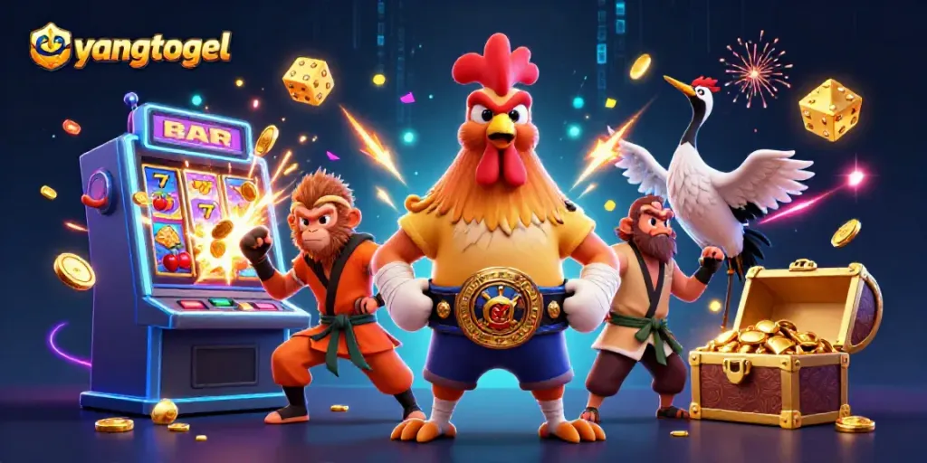 Experience eyangtogel with a cartoon rooster, monkey, and crane surrounded by explosive casino elements.
