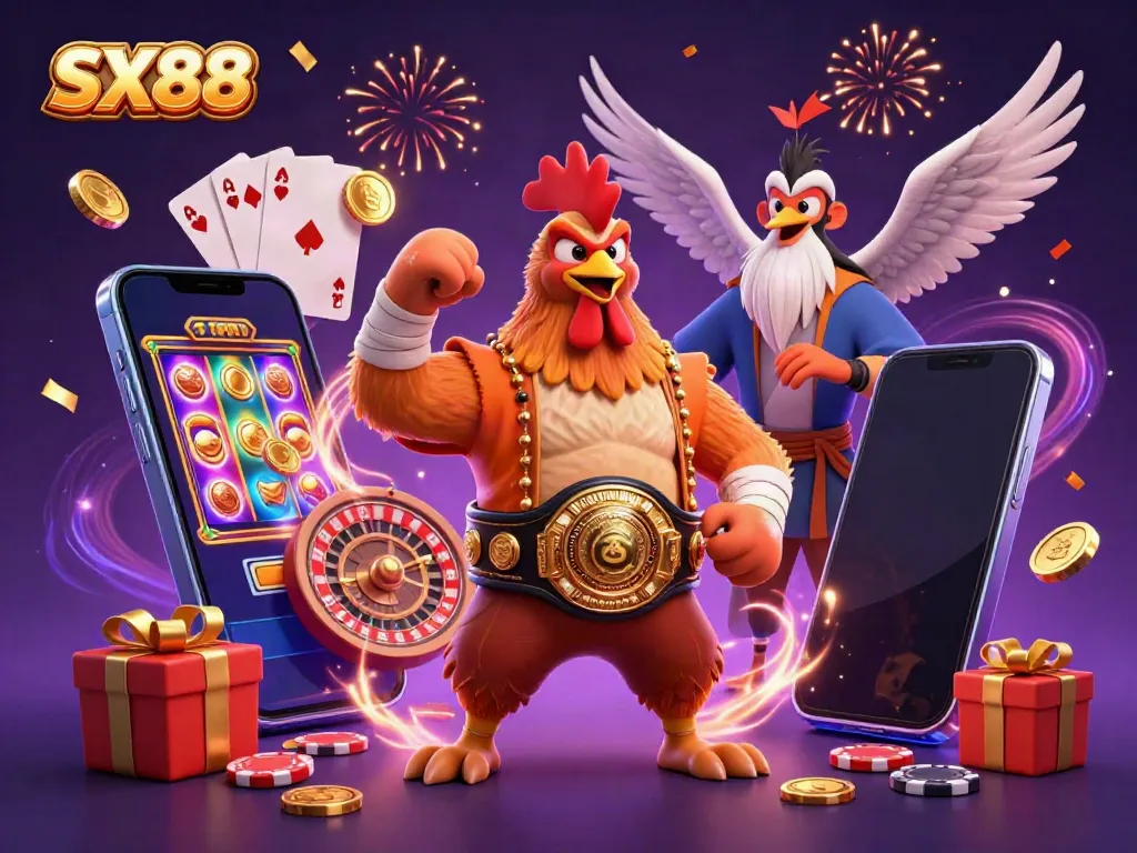 SX88 showcases a vibrant scene with a Muay Thai rooster, Shaolin monkey, and crane master enjoying colorful slot games.