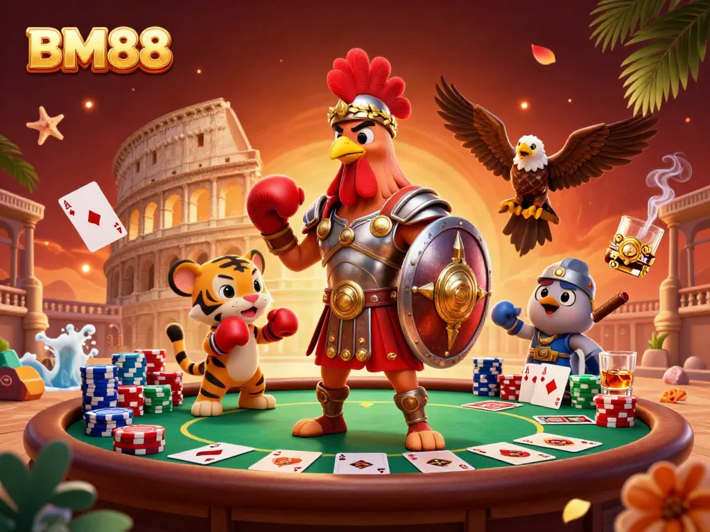 Engage with BM88 at a vibrant virtual casino scene featuring a gladiator rooster and a tiger cub.