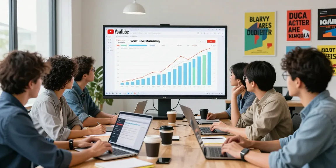 Die besten Seiten zum YouTube-Abonnenten-Kaufen in einem modernen Büro mit einem Team, das an Marketingstrategien arbeitet.