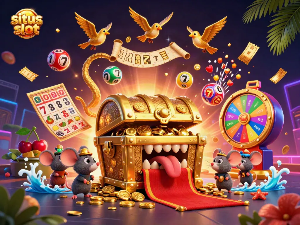 Engage in situs slot adventures with vibrant slot reels, colorful balls, and a treasure-filled scene.