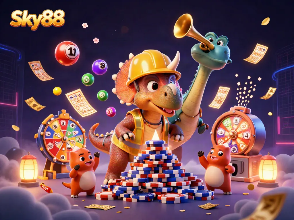 Engage in dynamic gambling at Sky88 with thrilling celebratory characters and vibrant casino elements.