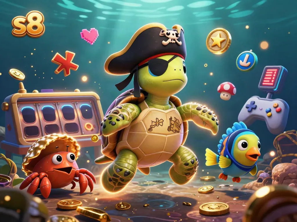 Spin the reels at S8 with our vibrant underwater casino illustration featuring pirate-themed characters.