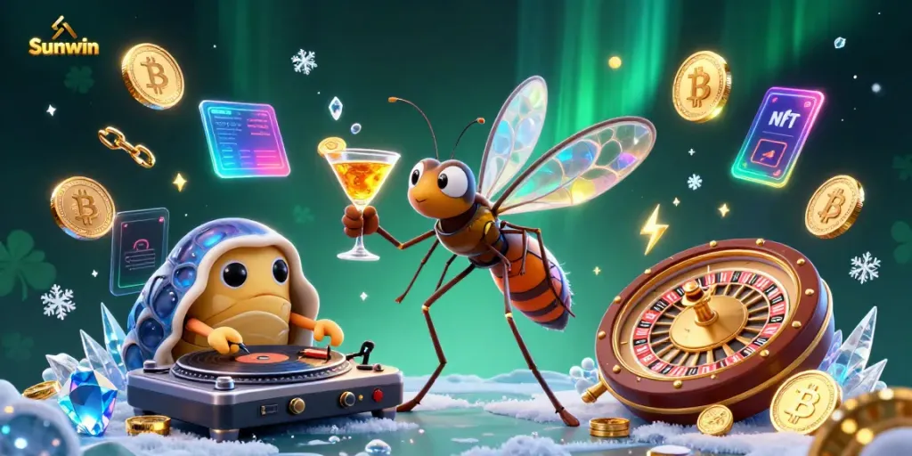 Join the fun at Sunwin, showcasing a lively casino scene with unique 3D characters and vibrant game elements.