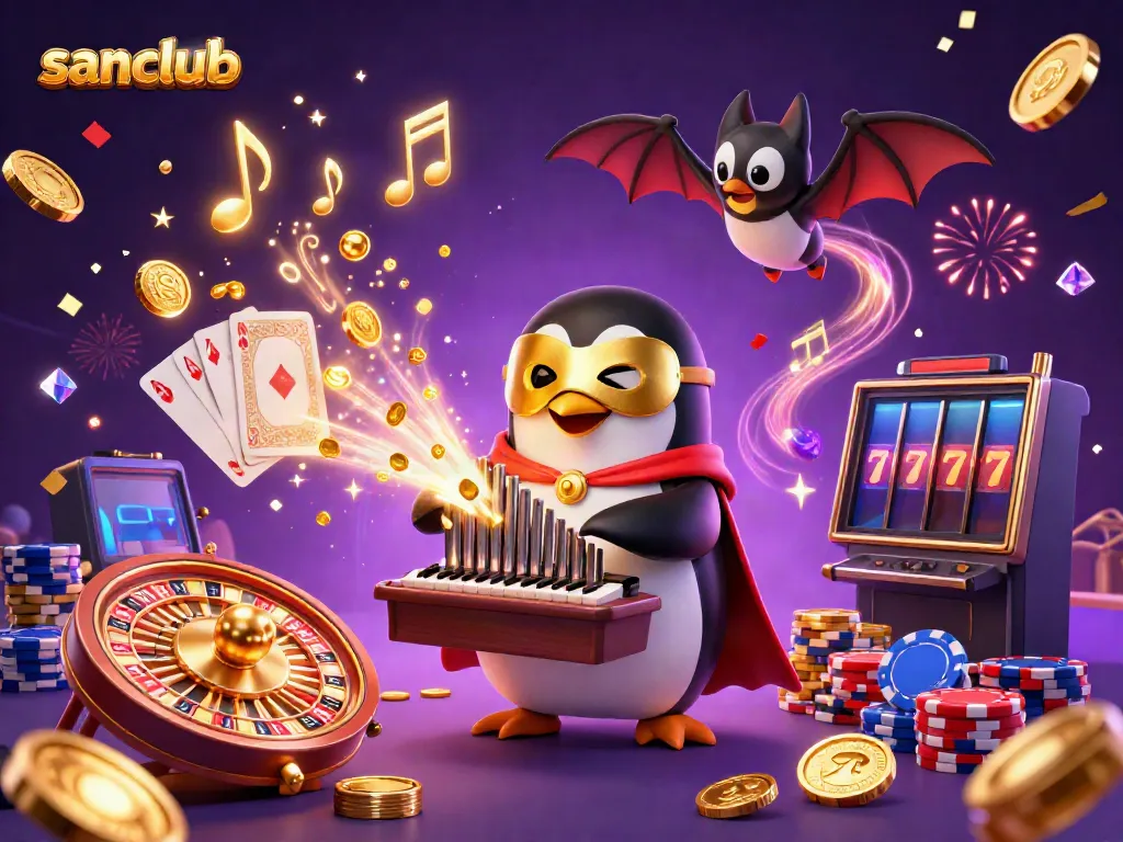 Watch the sanclub penguin entertain with epic wins and golden coins in this vibrant casino scene.