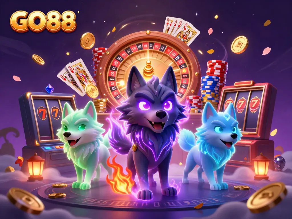 Experience the vibrant action of GO88 with ghostly wolves and dazzling casino elements in a mystical scene.