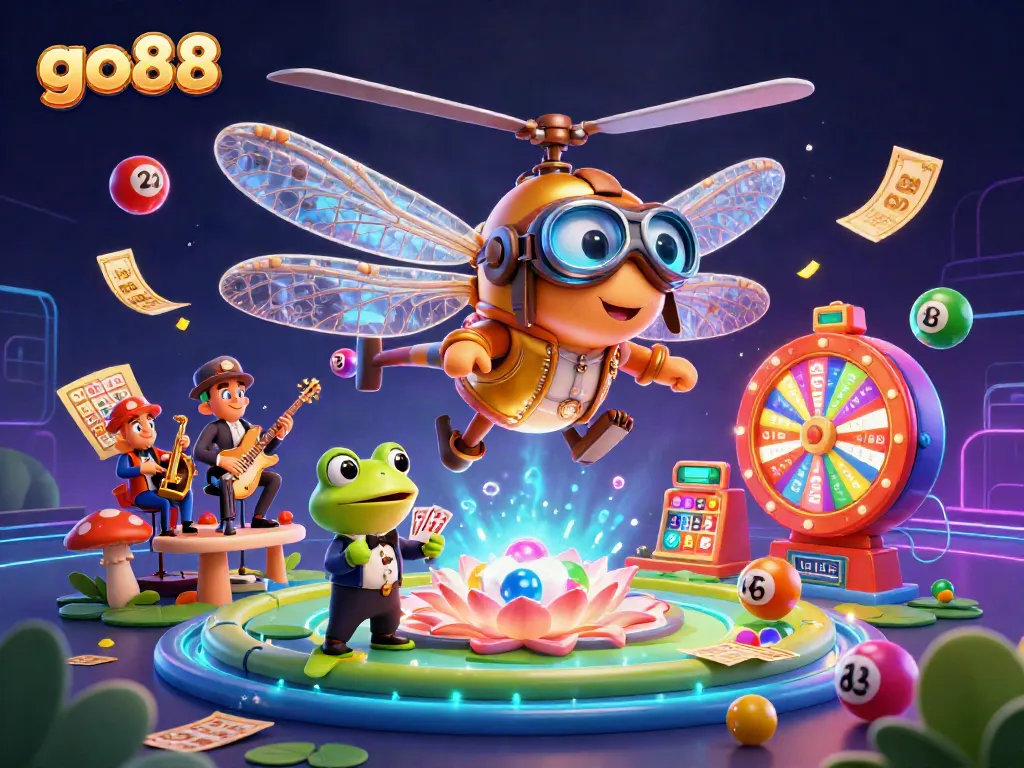 Experience exciting gameplay at go88 with a vibrant scene featuring a dragonfly pilot and a frog dealer.