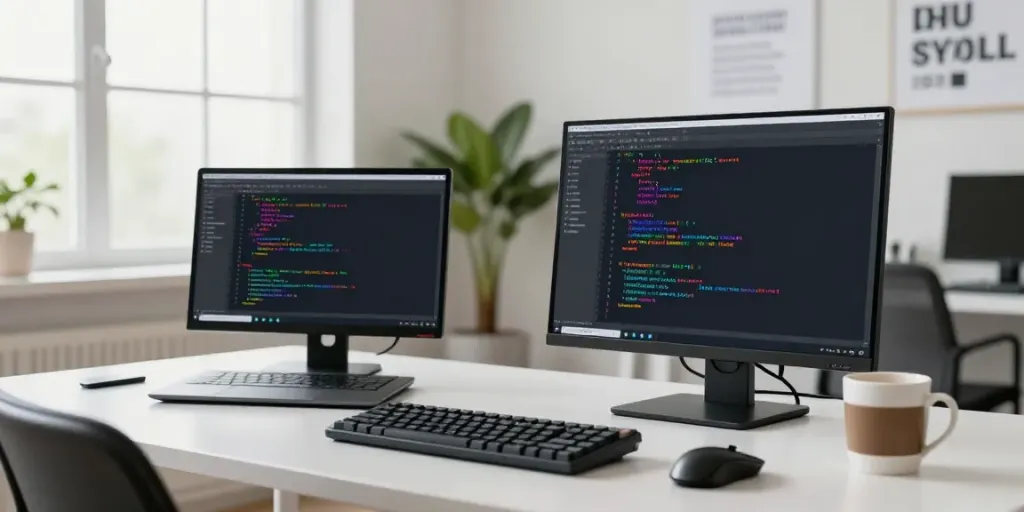 Developer using Notepad++ in a modern workspace with dual screens and natural light.