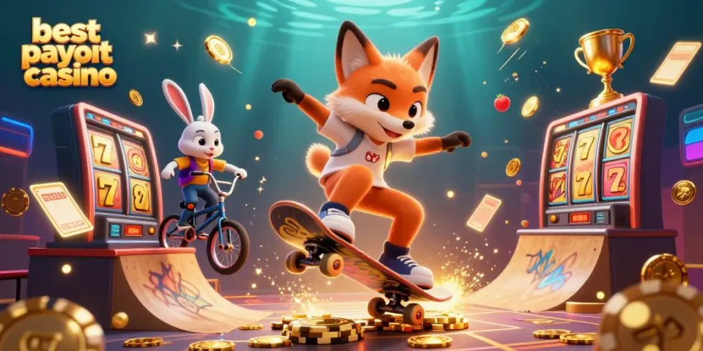 Check out the best payout casino scene with a skateboarder fox and BMX rabbit surrounded by slot reels and golden coins.