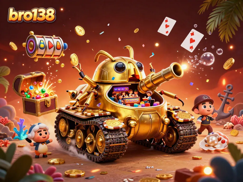 Engage with the vibrant world of bro138 casino, showcasing a lively miniature casino within a golden tank.