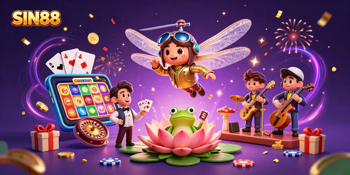 Experience SIN88's lively casino scene with a froggy dealer and jazzy cricket musicians.
