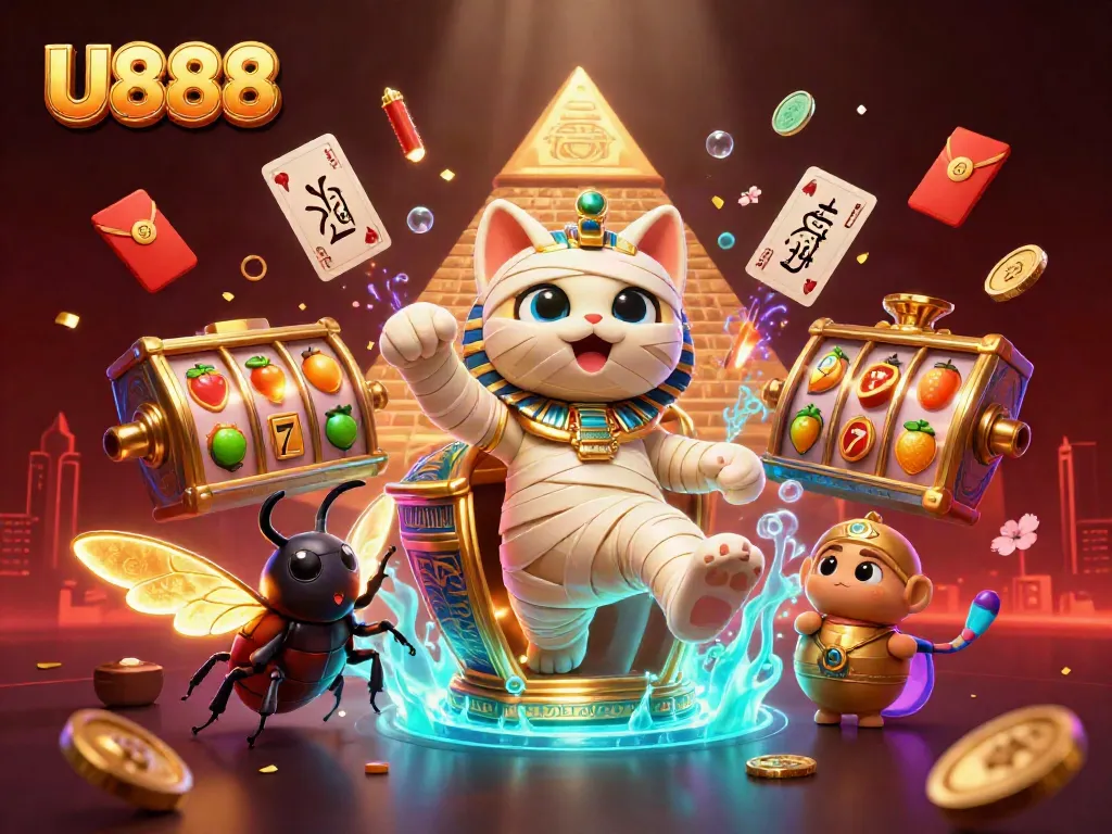 Experience U888's thrilling pyramid casino with a vibrant 3D mummy cat and dazzling jackpots!