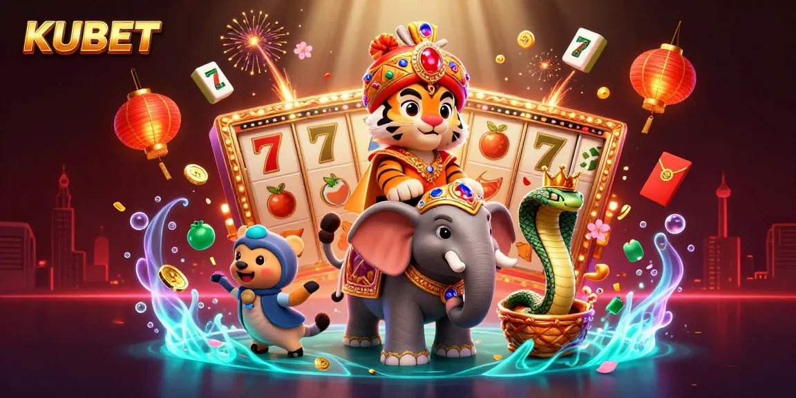 KUBET offers thrilling slot games with a cartoon elephant and tiger celebrating jackpot wins amidst floating prizes.