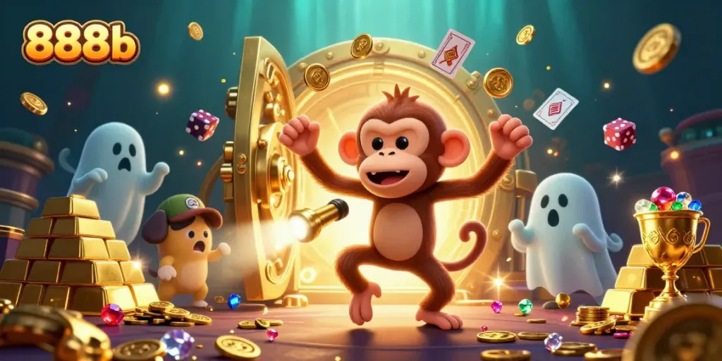 Engage with 888b's vibrant haunted casino scene featuring a playful poltergeist monkey and curious puppy.