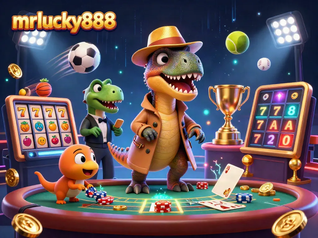 Experience thrilling gameplay with mrlucky888, featuring a velociraptor at a blackjack table amidst slot reels.