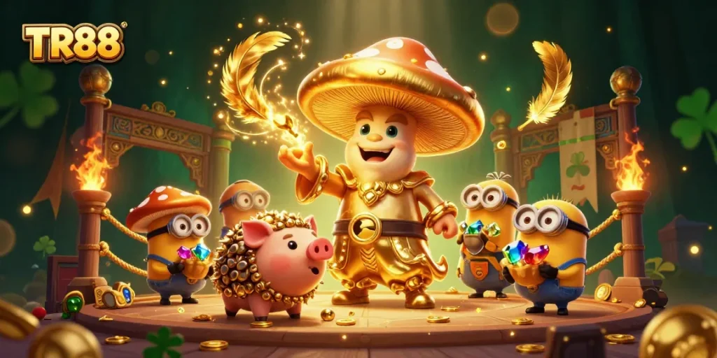 TR88's enchanting casino scene embodies magic and treasure with gold coins and swirling particles.