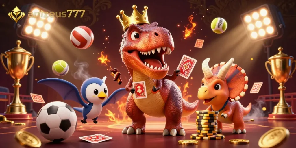 Engage with apizeus777 through thrilling sports betting action featuring a T-Rex and friends.