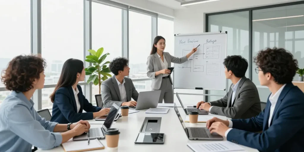 Team collaborating in a modern office featuring wps下载 tools and dynamic discussions.