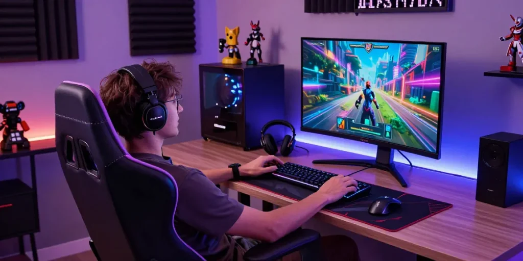 Gamer relaxed in a plush Gaming Recliner Chair, enjoying an immersive gaming experience with vibrant LED lights.