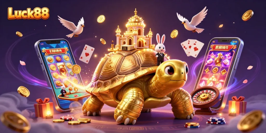 Play the exciting Luck88 slot game surrounded by vibrant casino elements, featuring colorful coins and cards.