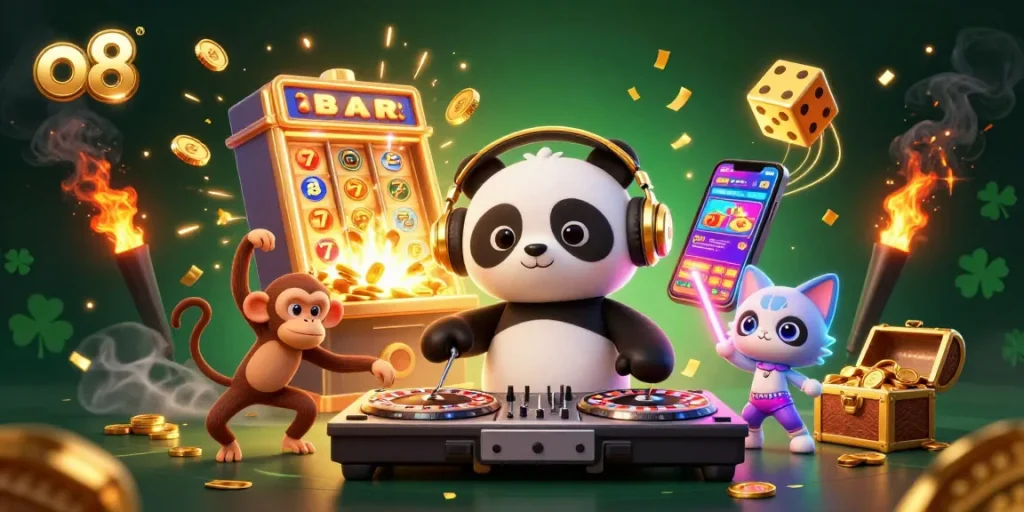 Experience excitement with o8 as DJ panda and friends celebrate wins at a dynamic casino scene.