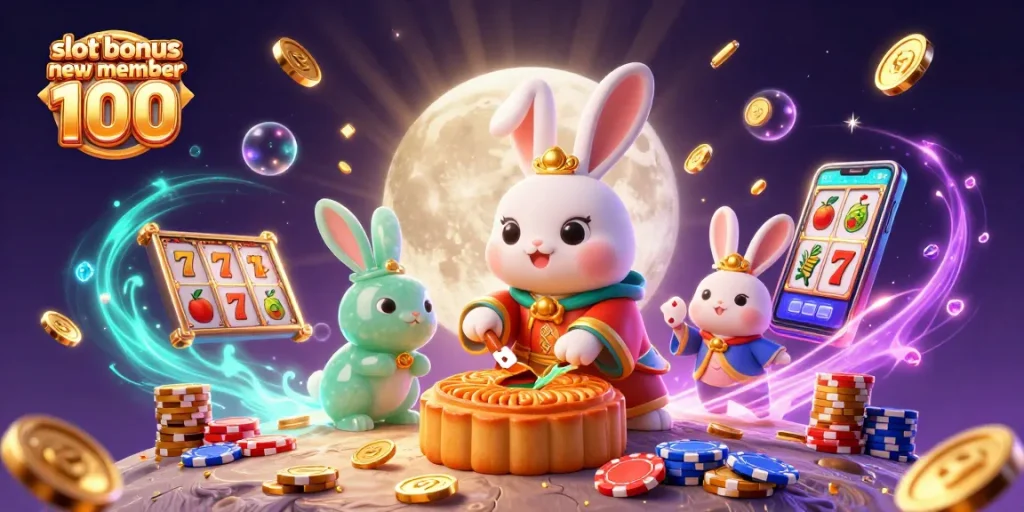 Experience the excitement with the slot bonus new member 100 in this vibrant 3D casino illustration.