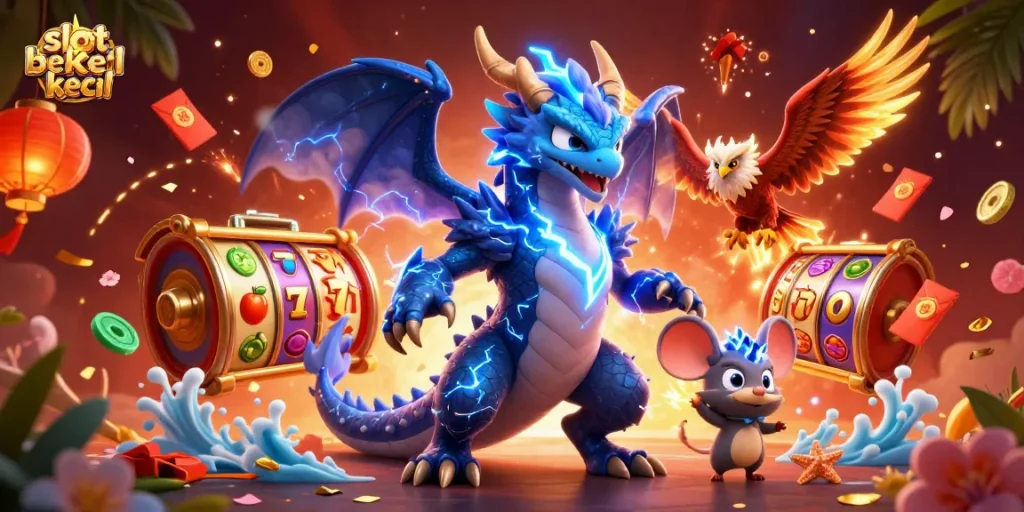 Experience the excitement of slot bet kecil with vibrant symbols and dynamic characters in this lively casino illustration.