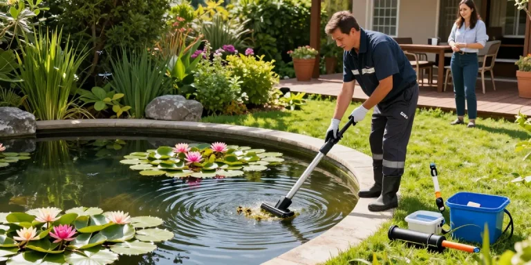 Pond Cleaning Essex service technician cleaning a vibrant garden pond with professional tools.