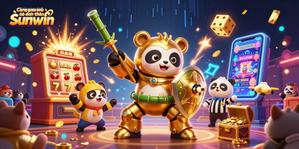 Cổng game bài đổi thưởng Sunwin showcases a vibrant 3D casino arena with a golden panda robot and a jackpot explosion.
