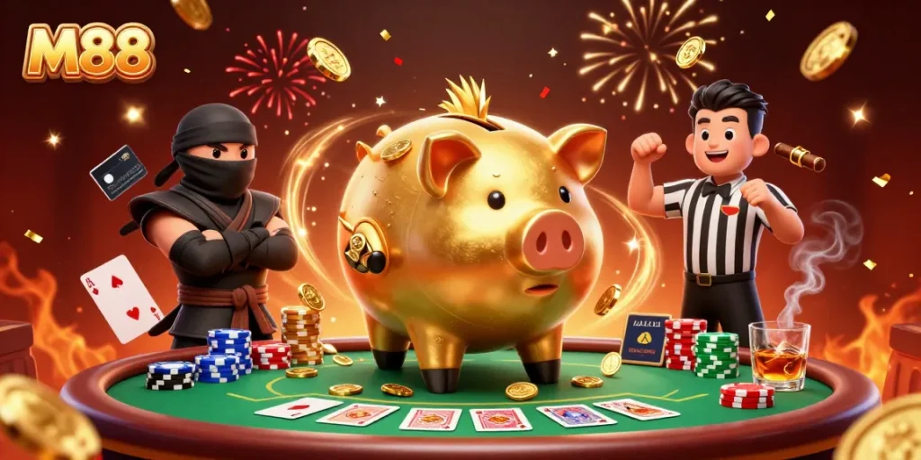 M88 Casino illustration featuring a golden piggy bank sumo wrestler creating a coin storm at a dynamic poker table.