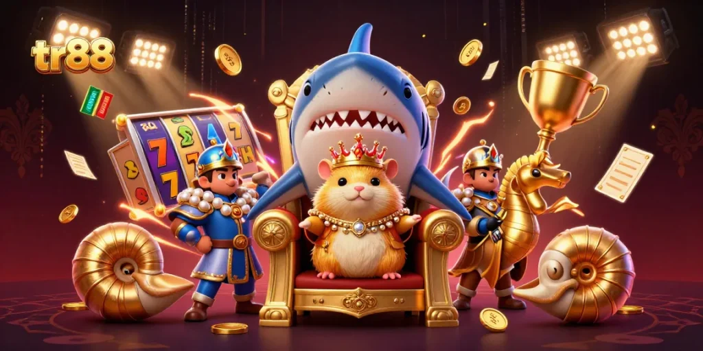 Win big at tr88 with a fierce golden hamster king ruling a vibrant casino scene filled with slots and treasures.